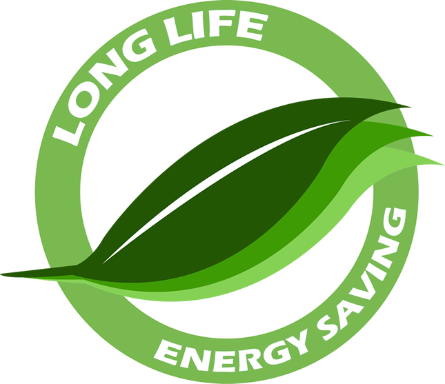 Bra Miljöval symbol, symbolen är ett grönt löv och i en cirkel runt lövet står det long life och energy saving.