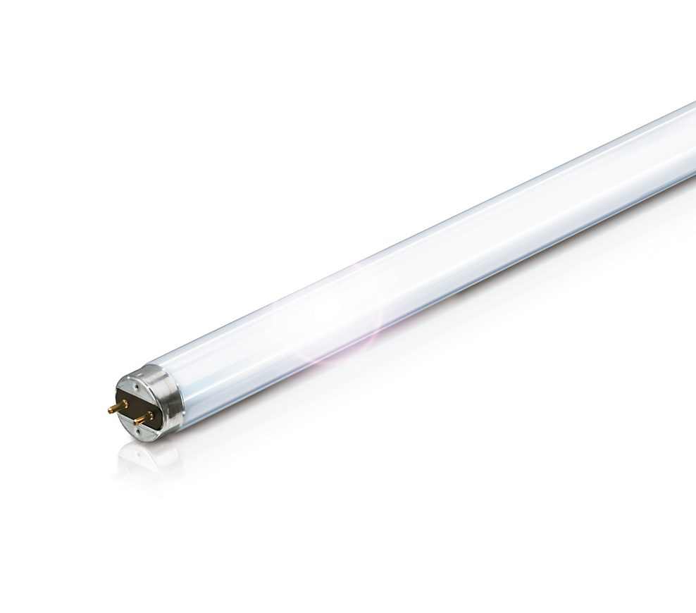 Lysror T8 Ø26mm PHILIPS. Bilden är tagen snett uppifrån. Sockeln G13 av lysröret i förgrunden och en bit in på lysröret syns i bild. Vit bakgrund och ljusreflektion på lysröret.