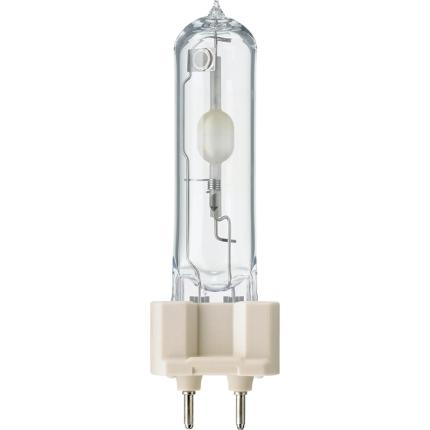 Metallhalogenlampa lodrätt med sockel g12 och två stift ner. Ser ut som en upp och nervänd droppe med transparent glas mot vit bakgrund.